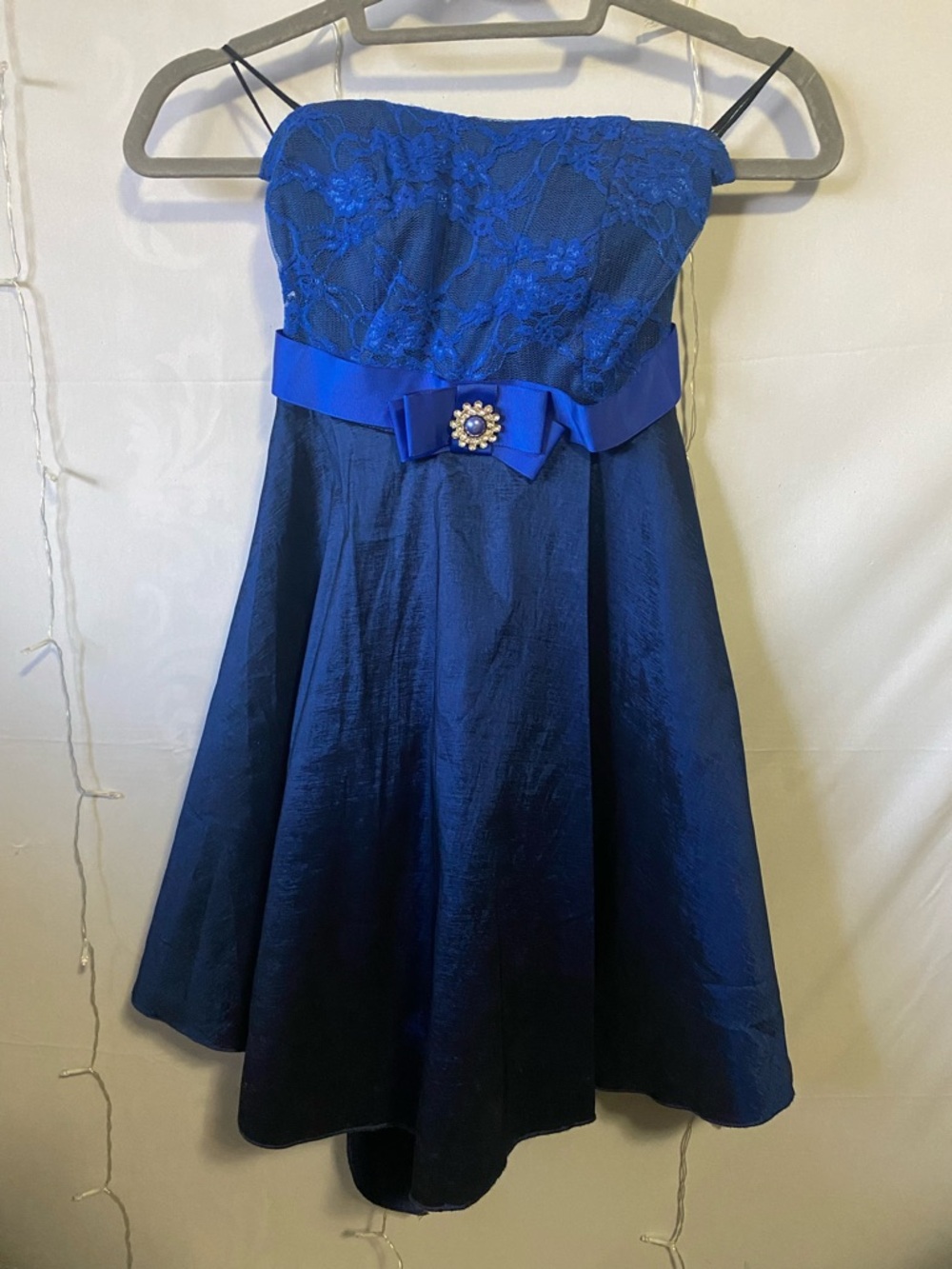 bebe Royal Blue Lace Bodice Party Dress with Bow Accent